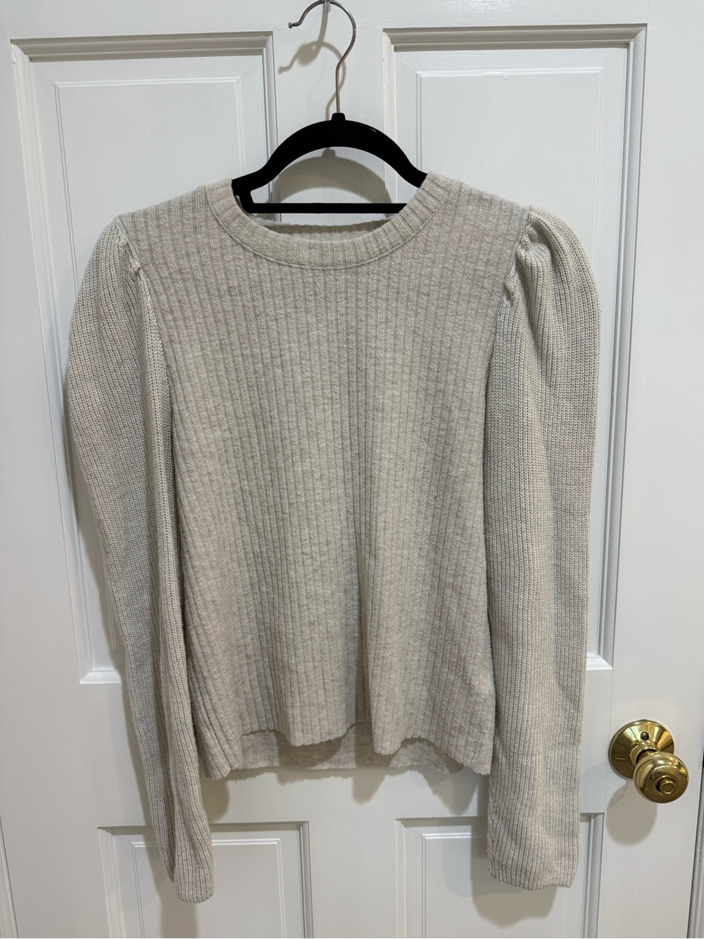 Splendid Cream Ribbed Crewneck Sweater with Puff Sleeves
